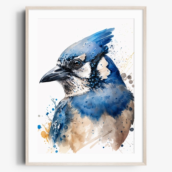 Other - Watercolor Floral Blue Jay Bird Portrait Wall Art Illustration Print Unframed